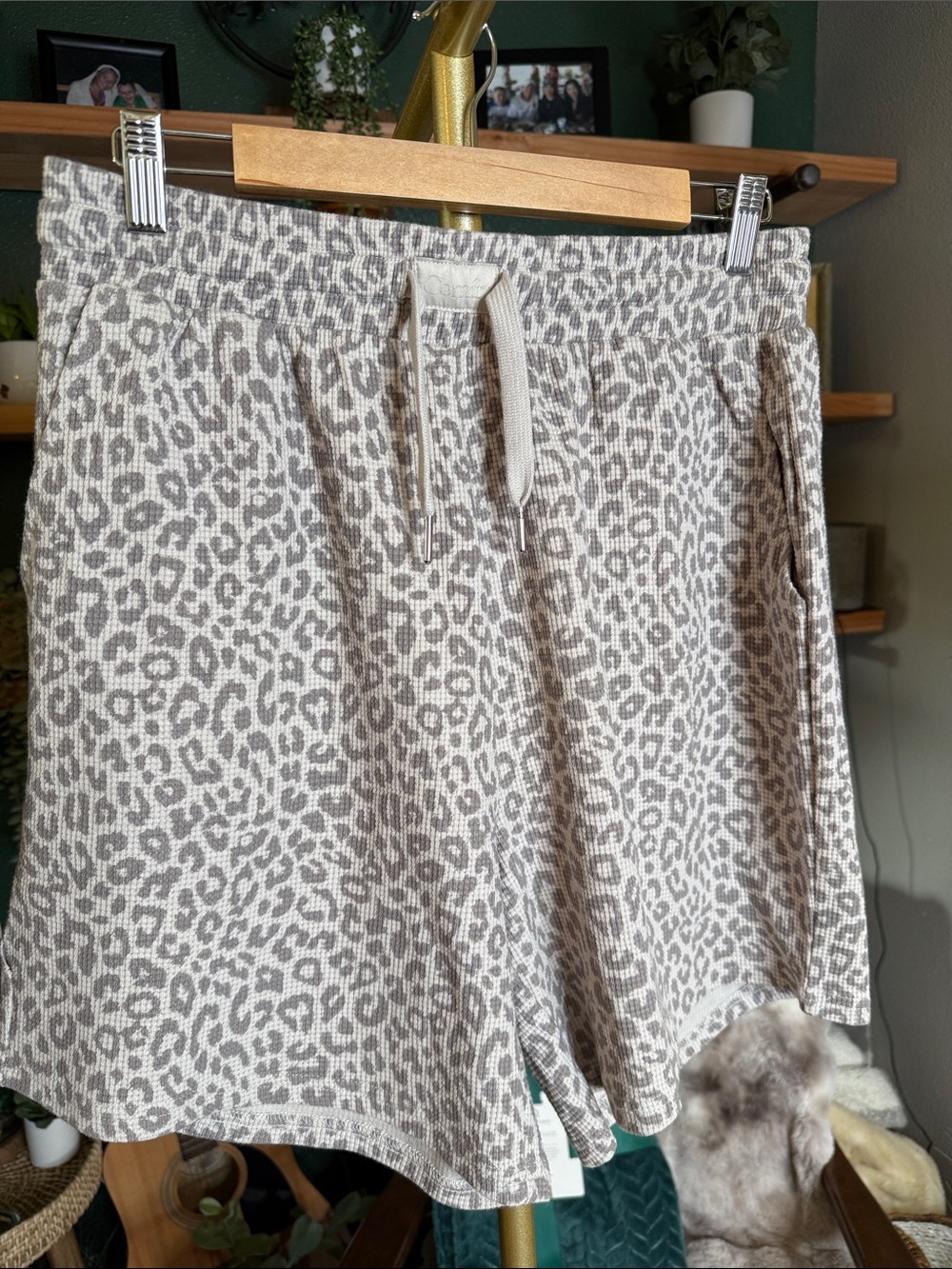 Leopard Print Drawstring Athletic Shorts - Light Gray